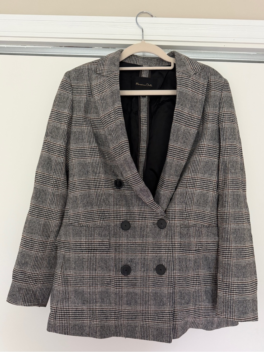 Massimo Dutti Navy/Brown/Grey Plaid Double-Breasted Blazer